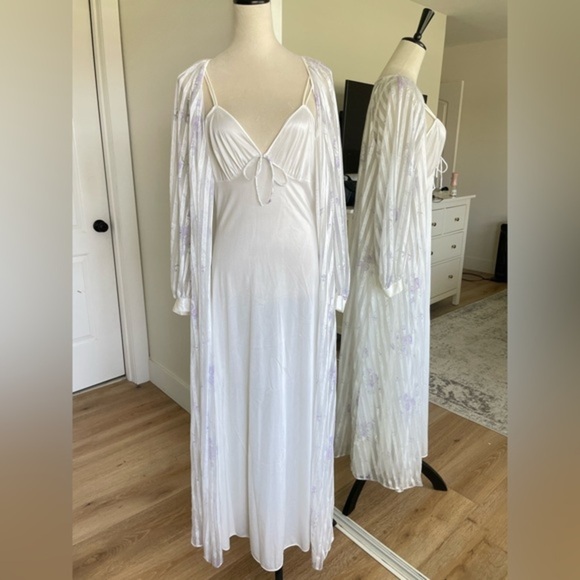 Vtg 70s Floral Peignoir Negligee Nightgown Robe Set Lingerie Milkmaid Bridal - Picture 12 of 12